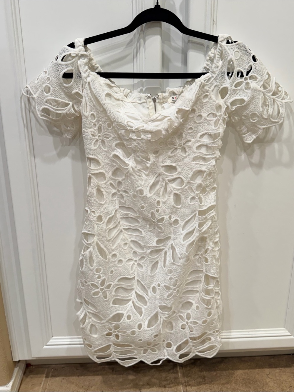 Off-Shoulder White Lace Cutout Mini Dress